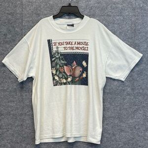Vintage T-Shirt Adult Large White Crew Neck If You Take A Mouse To The Movies
